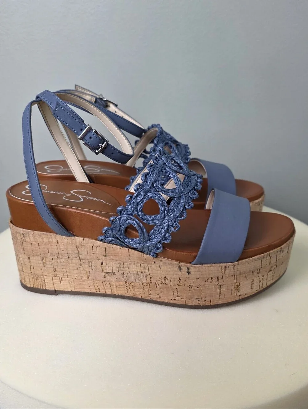 Jessica Simpson Callri Cork Platform Wedge Sandals Ash Blue NWT 7.5M Boho Chic